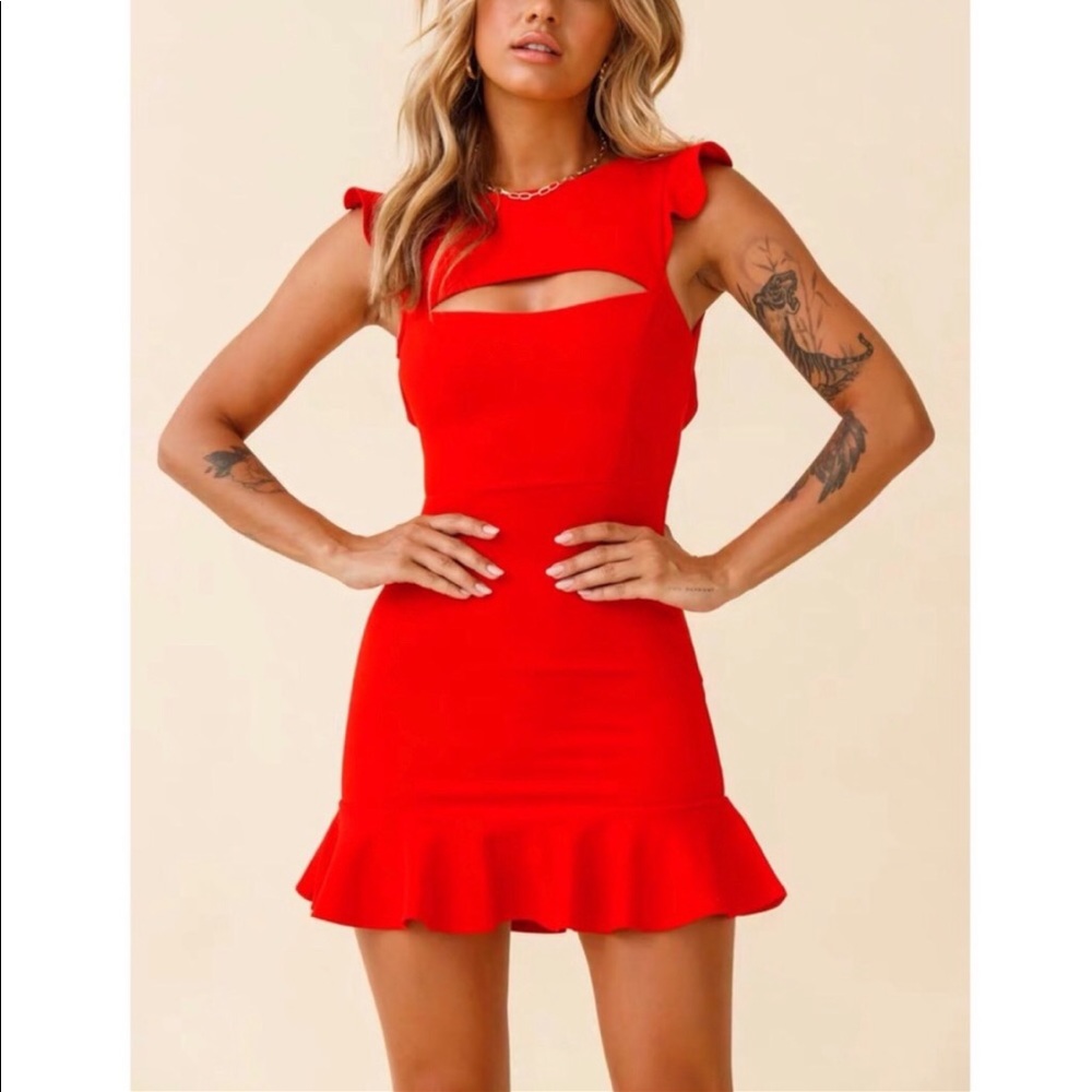 RED CUT-OUT BUST RUFFLE SHOULDER MINI DRESS - Picture 3 of 6